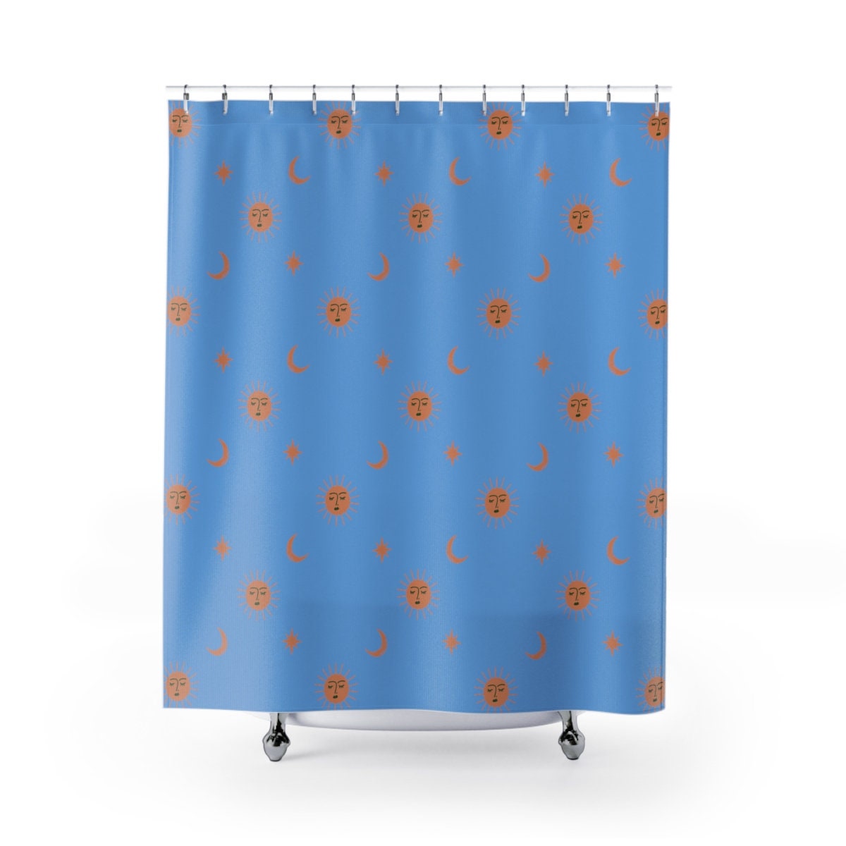 Sun and Moon on Light Blue Shower Curtain for Celestial Bathroom Decor
