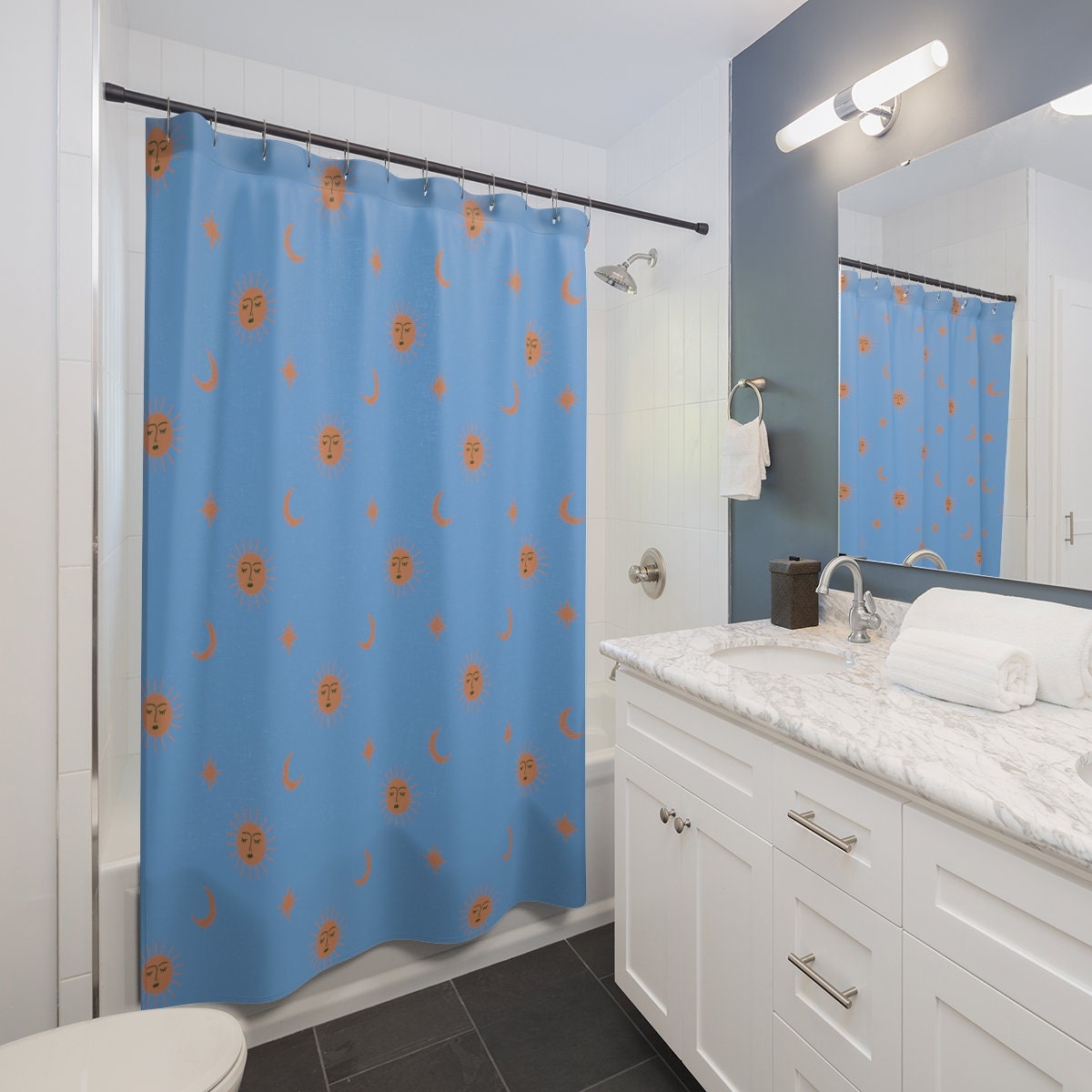 Sun and Moon on Light Blue Shower Curtain for Celestial Bathroom Decor