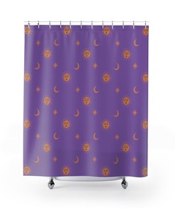 Sun and Moon on Purple Shower Curtain for Celestial Bathroom Decor