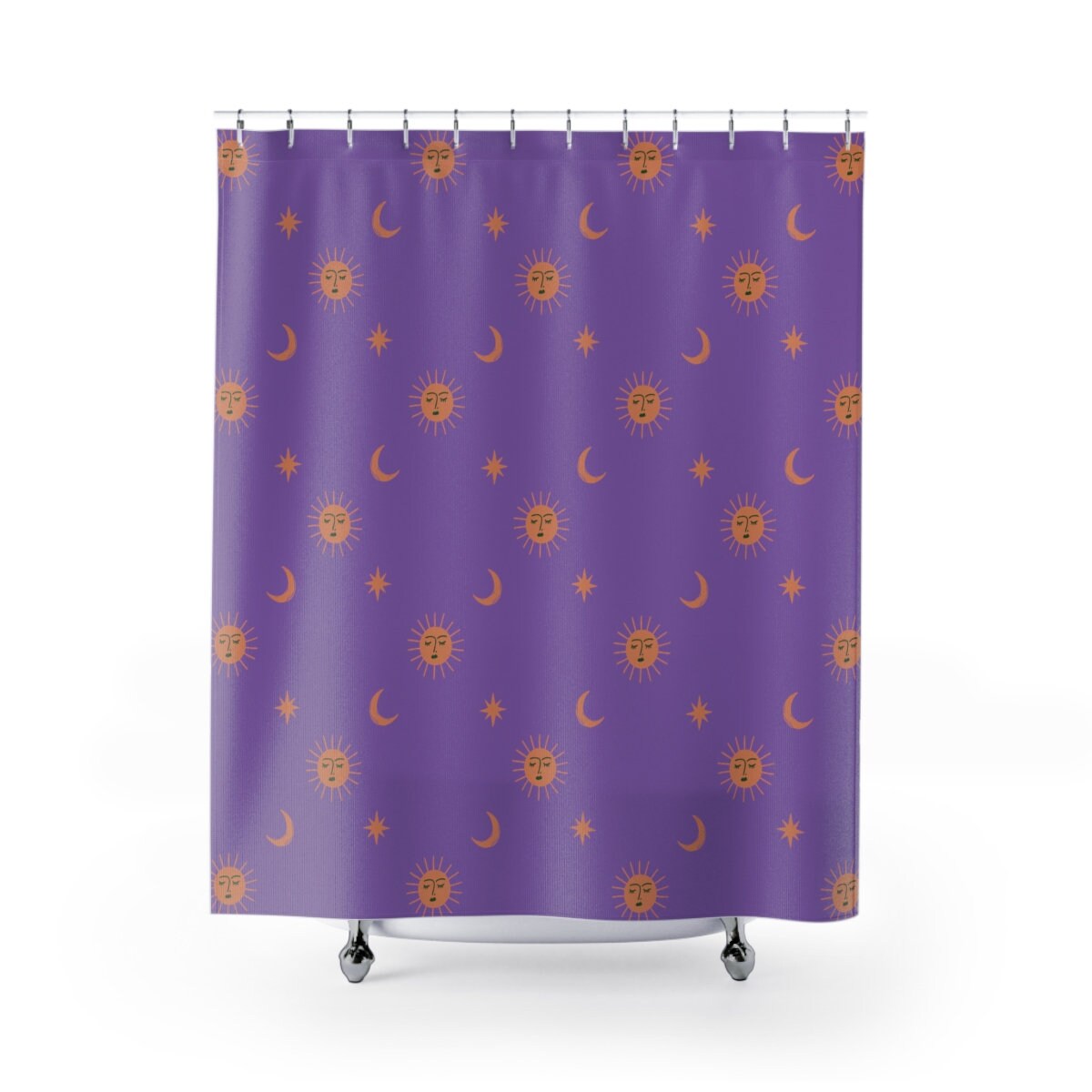 Sun and Moon on Purple Shower Curtain for Celestial Bathroom Decor