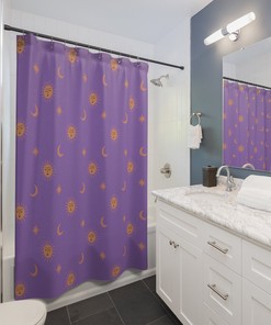 Sun and Moon on Purple Shower Curtain for Celestial Bathroom Decor