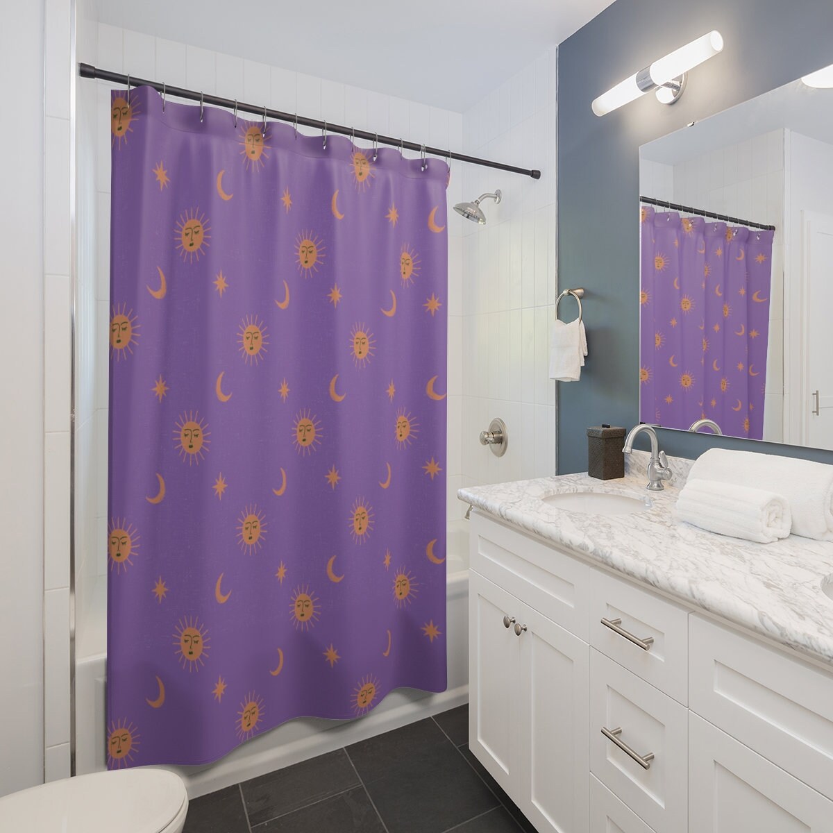 Sun and Moon on Purple Shower Curtain for Celestial Bathroom Decor