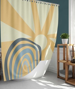 Sun and Rainbow Boho Shower Curtain with Minimalist Morning Sunrise Fabric, Bohemian Bathroom Décor