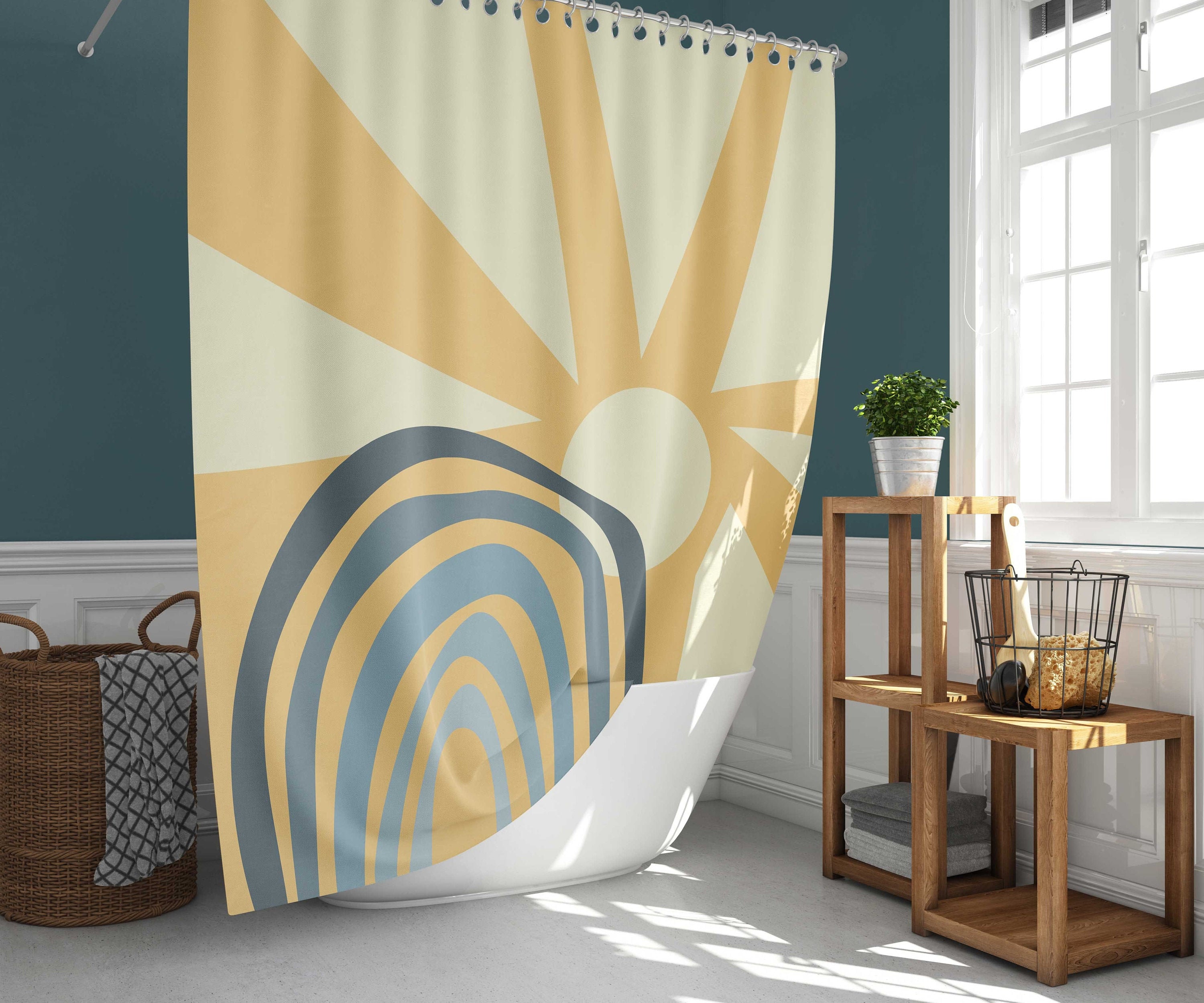 Sun and Rainbow Boho Shower Curtain with Minimalist Morning Sunrise Fabric, Bohemian Bathroom Décor