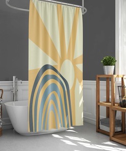 Sun and Rainbow Boho Shower Curtain with Minimalist Morning Sunrise Fabric, Bohemian Bathroom Décor