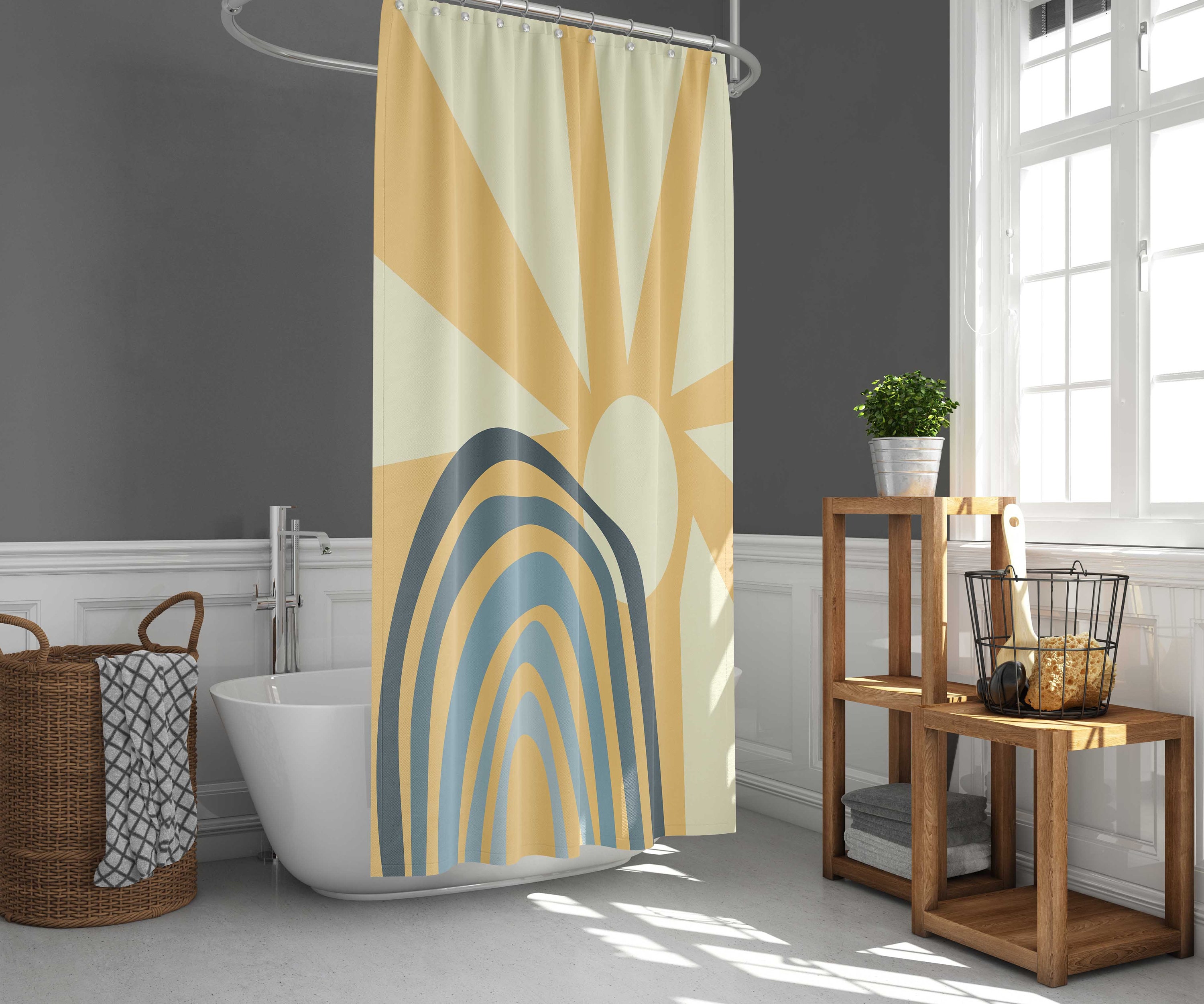 Sun and Rainbow Boho Shower Curtain with Minimalist Morning Sunrise Fabric, Bohemian Bathroom Décor