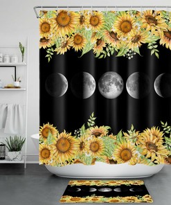 Sunflower And Black Moon Phase Shower Curtain - Gothic Bathroom Decor