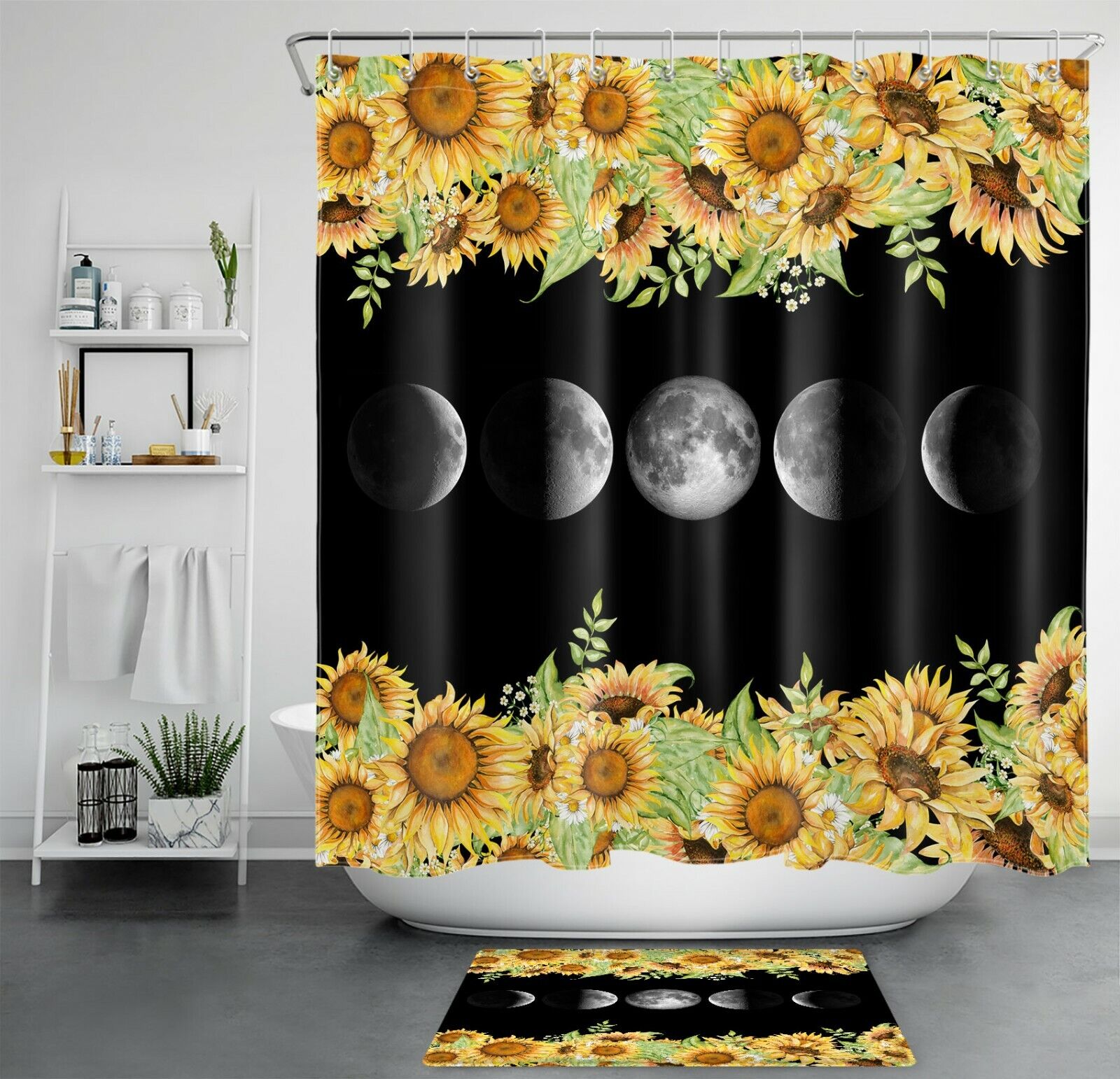 Sunflower And Black Moon Phase Shower Curtain - Gothic Bathroom Decor