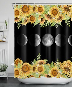 Sunflower And Black Moon Phase Shower Curtain - Gothic Bathroom Decor