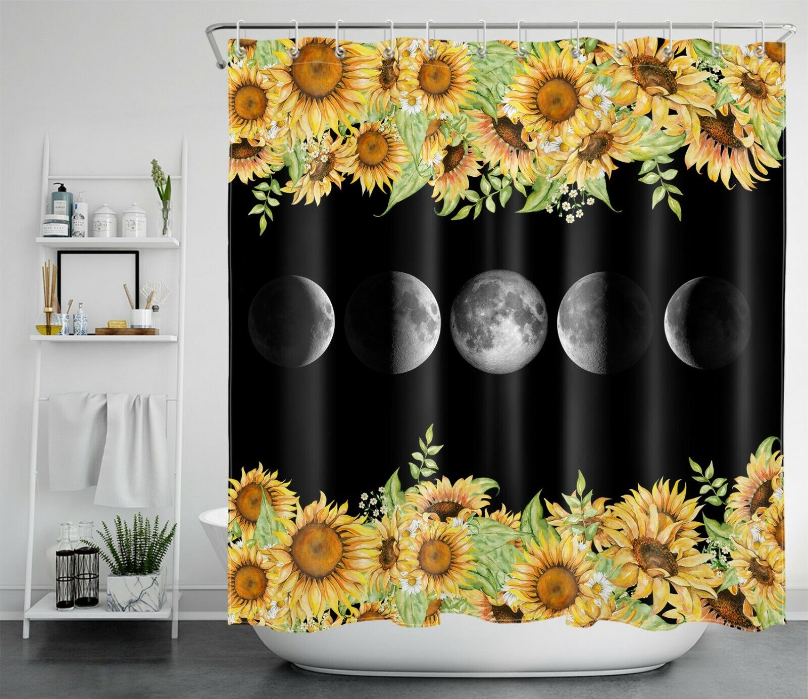 Sunflower And Black Moon Phase Shower Curtain - Gothic Bathroom Decor