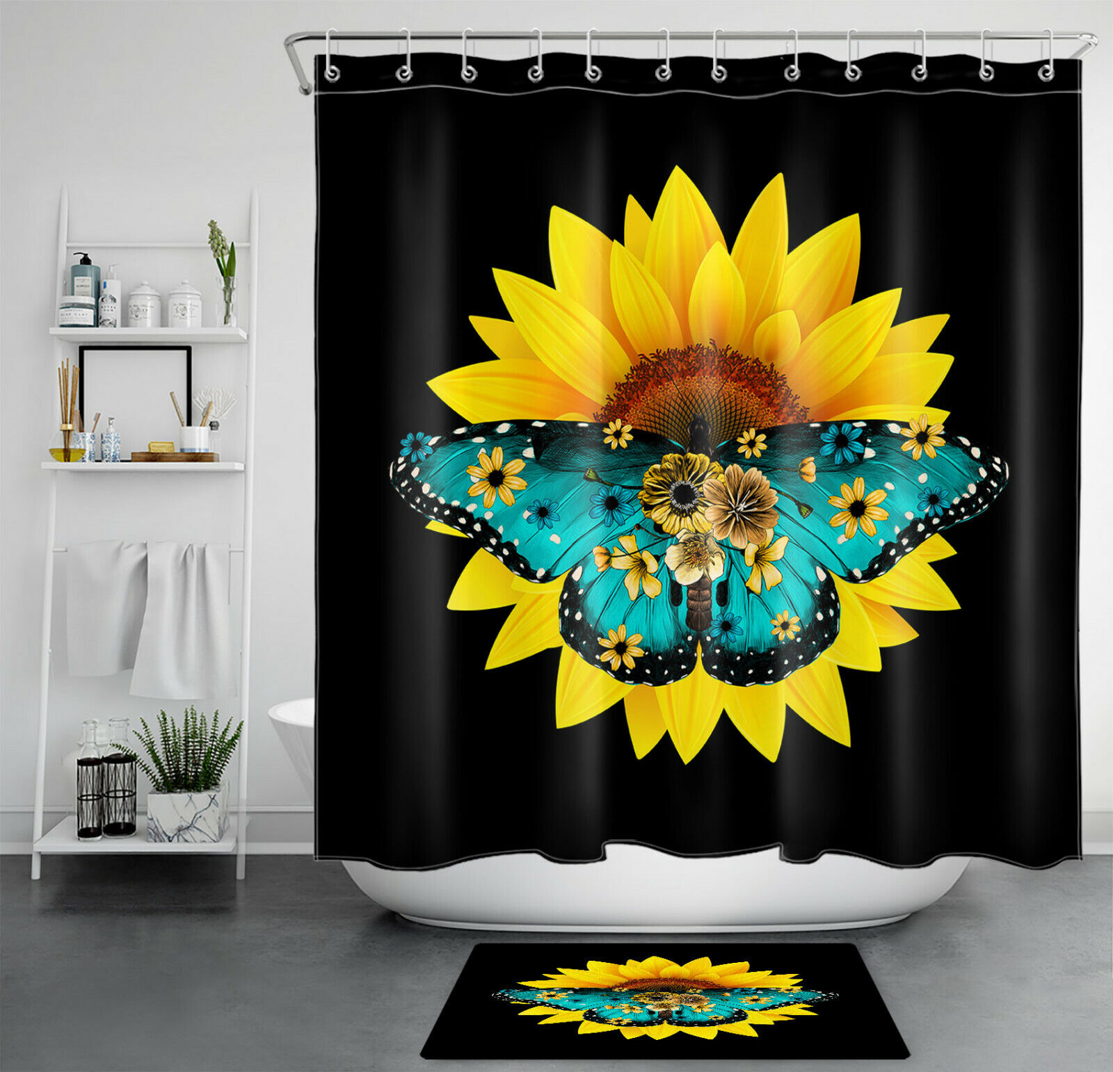 Sunflower And Butterfly Shower Curtain With Spring Farmhouse Flowers Design For Bathrooms