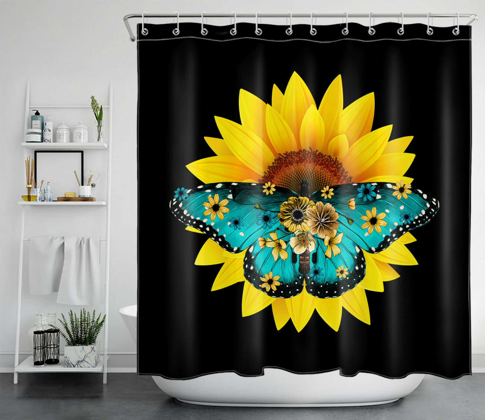 Sunflower And Butterfly Shower Curtain With Spring Farmhouse Flowers Design For Bathrooms - Image 2