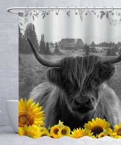 Sunflower And Highland Cow Printed Shower Curtain For Bathroom Decor