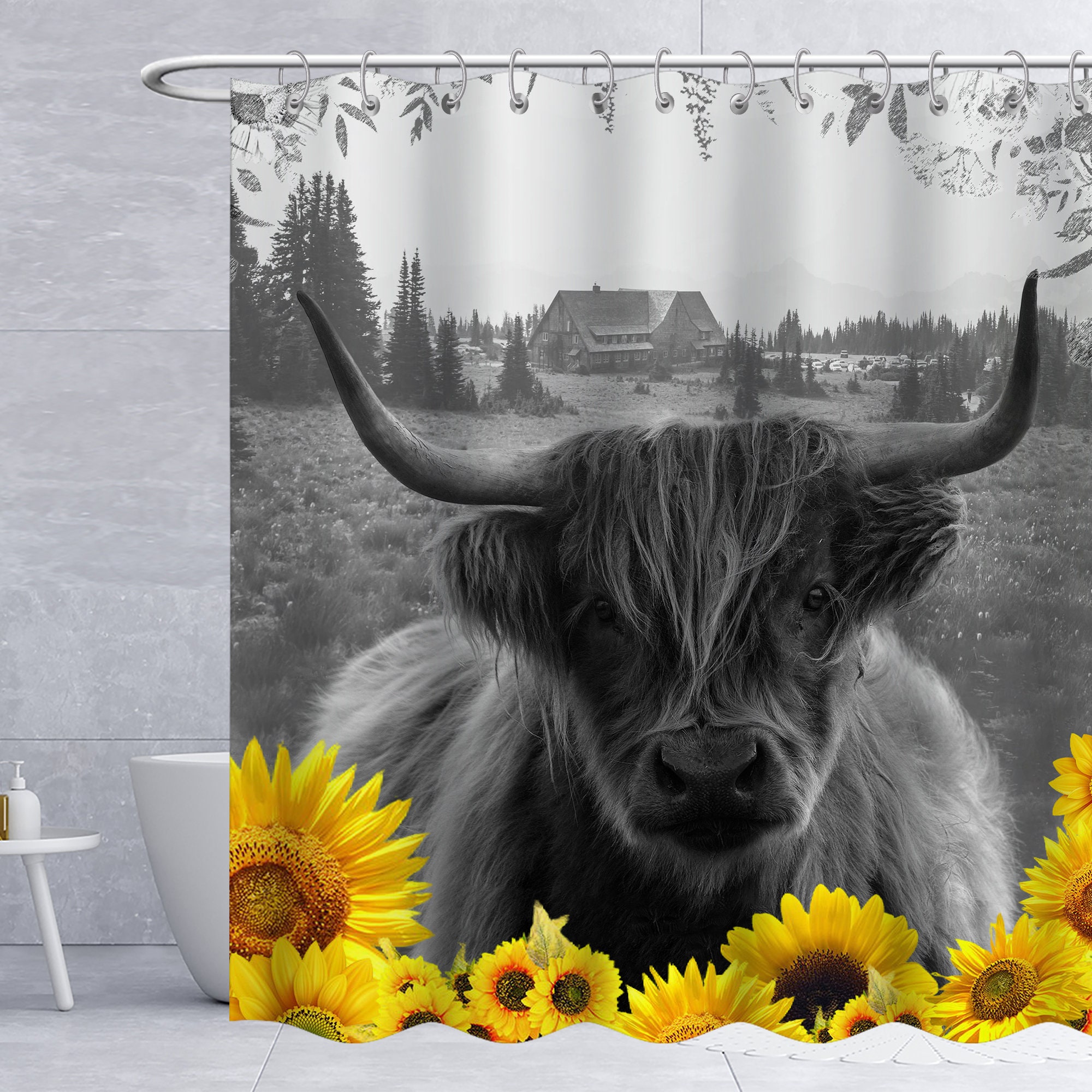 Sunflower And Highland Cow Printed Shower Curtain For Bathroom Decor