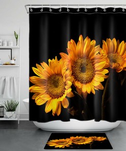 Sunflower Black Background Shower Curtain Farm Flowers Print