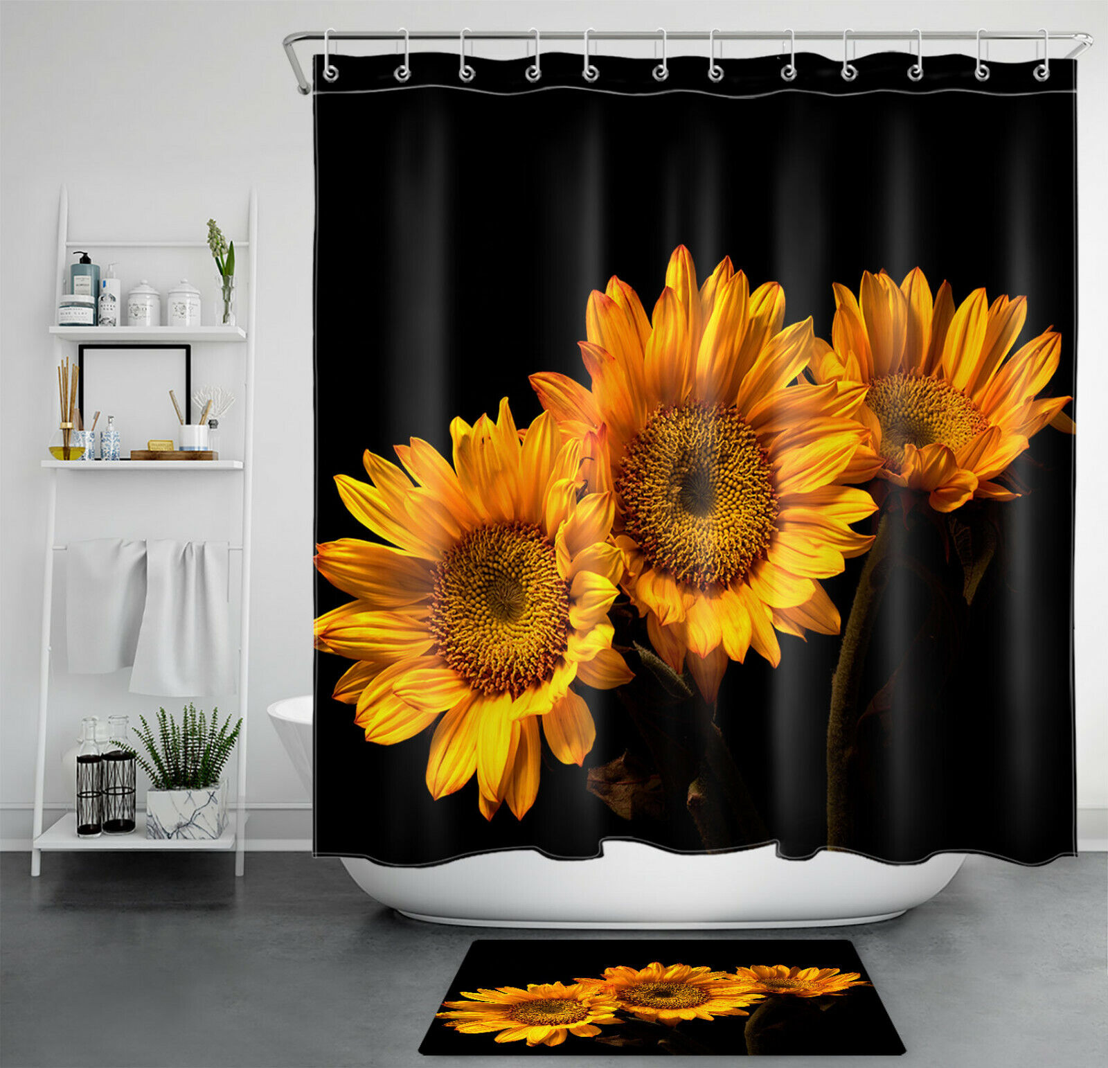 Sunflower Black Background Shower Curtain Farm Flowers Print