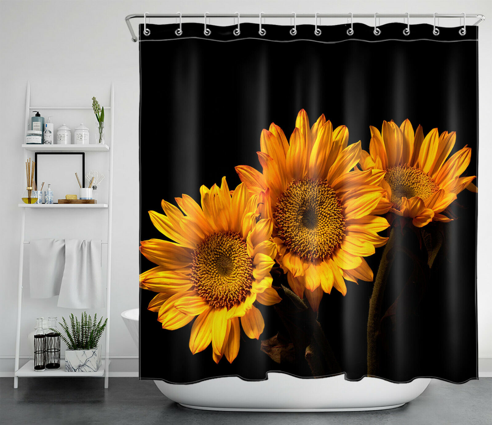 Sunflower Black Background Shower Curtain Farm Flowers Print