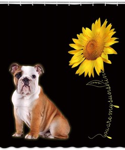 Sunflower Bulldog Shower Curtain Funny Bulldog with Sunflowers, Dog Lover Puppy Kids Creative Animal Bathroom Curtain