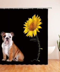 Sunflower Bulldog Shower Curtain Funny Bulldog with Sunflowers, Dog Lover Puppy Kids Creative Animal Bathroom Curtain