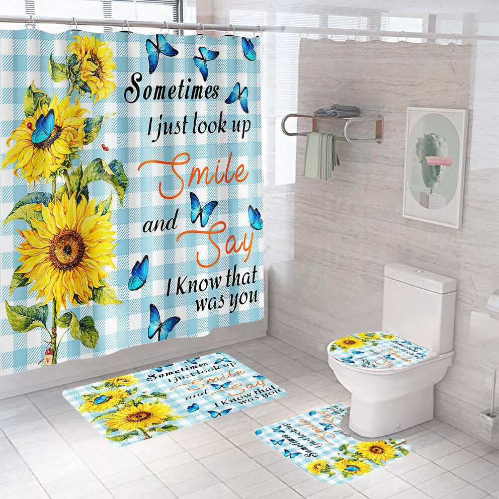 Sunflower Butterfly Shower Curtain Set with Bathroom Rug and Toilet Cover Lid