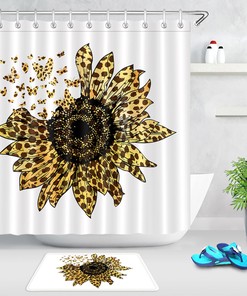 Sunflower Butterfly Watercolor Leopard Print Shower Curtain, Rustic Bathroom Decor