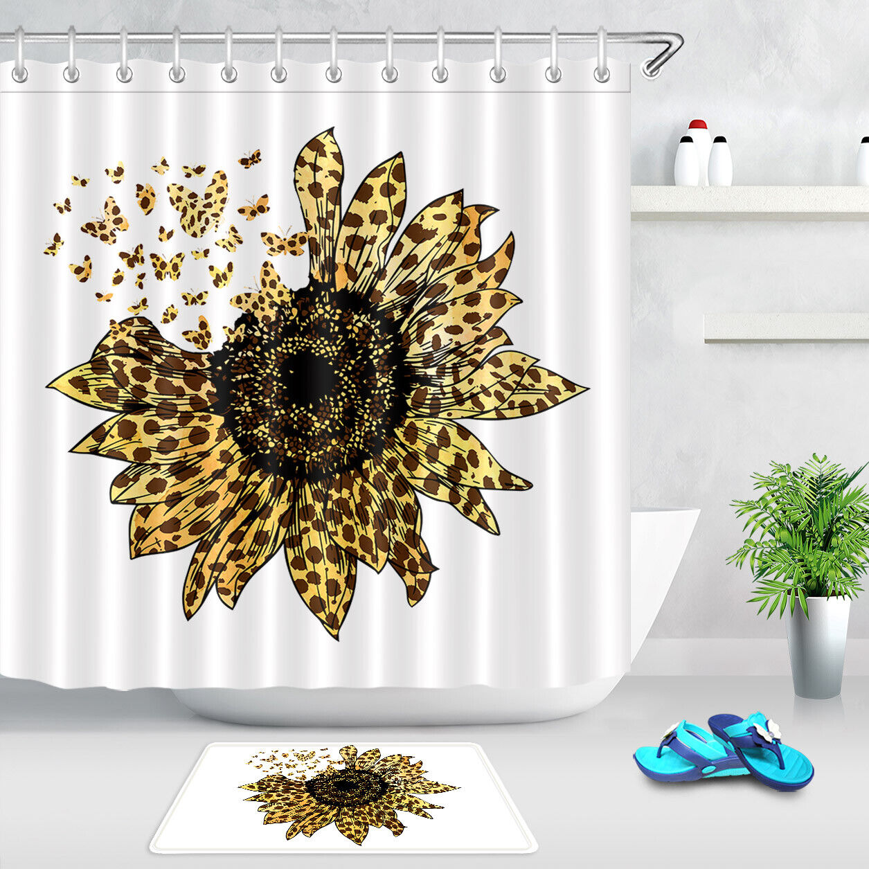 Sunflower Butterfly Watercolor Leopard Print Shower Curtain, Rustic Bathroom Decor