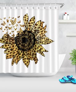 Sunflower Butterfly Watercolor Leopard Print Shower Curtain, Rustic Bathroom Decor