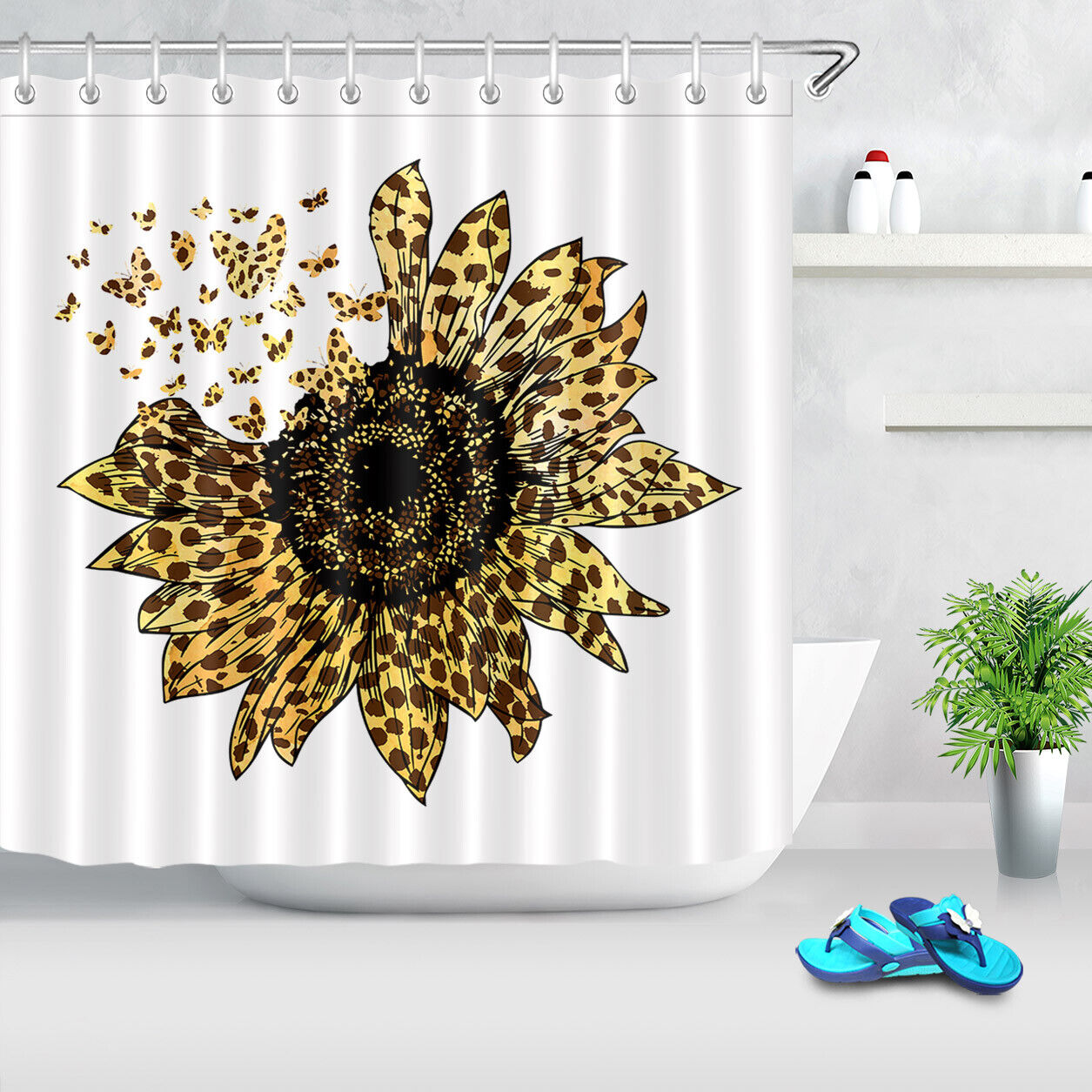 Sunflower Butterfly Watercolor Leopard Print Shower Curtain, Rustic Bathroom Decor