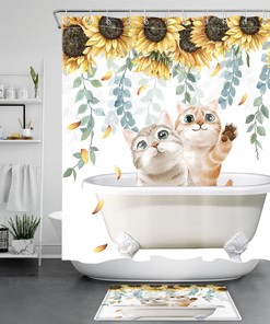 Sunflower Cat Leaves Eucalyptus Shower Curtain with Bathroom Accessories 
