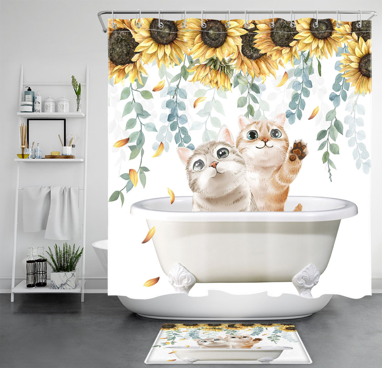 Sunflower Cat Leaves Eucalyptus Shower Curtain with Bathroom Accessories