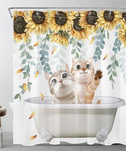 Sunflower Cat Leaves Eucalyptus Shower Curtain with Bathroom Accessories
