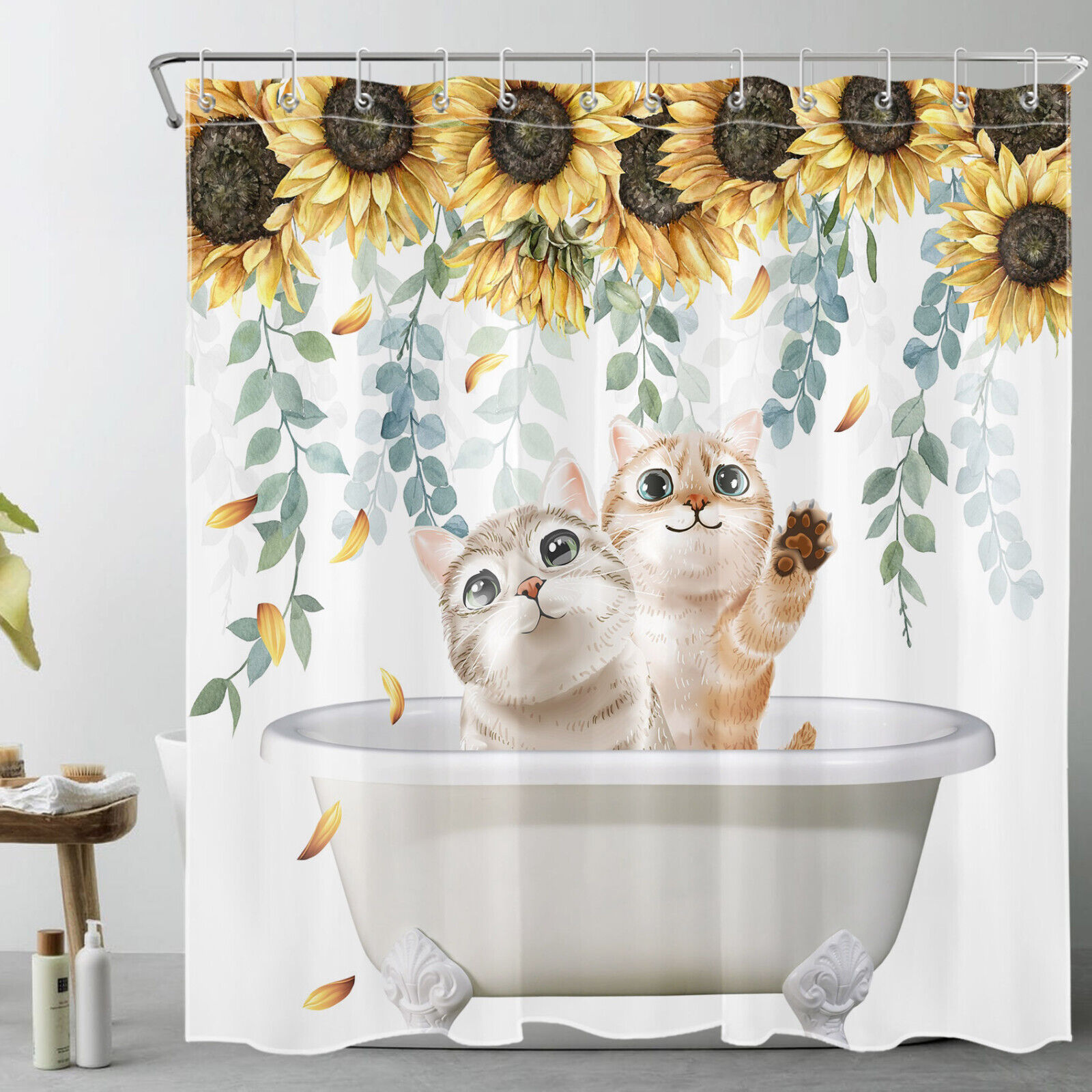 Sunflower Cat Leaves Eucalyptus Shower Curtain with Bathroom Accessories