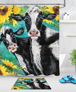 Sunflower Cow Shower Curtain - Rustic Wood Board Retro Bathroom Decor