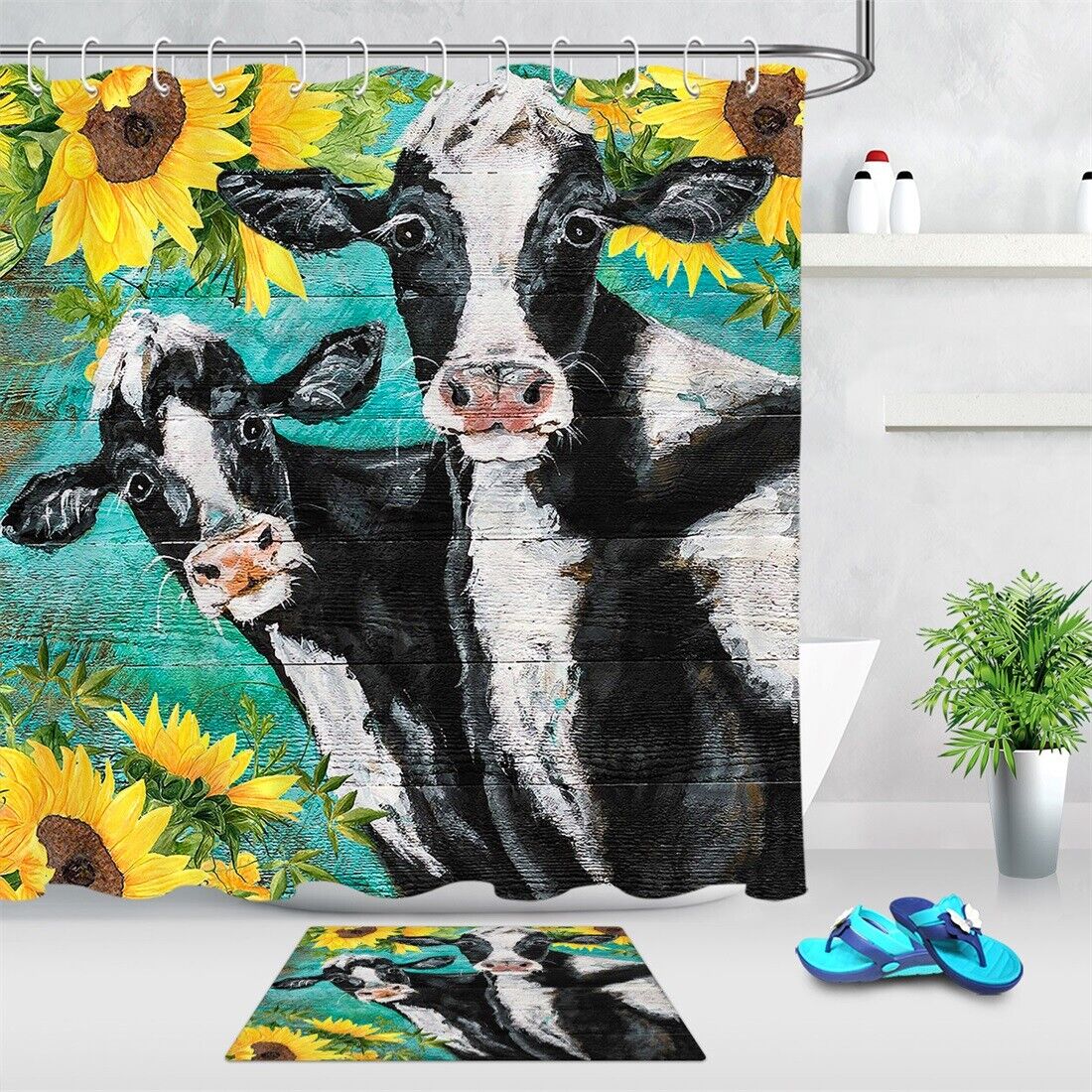 Sunflower Cow Shower Curtain - Rustic Wood Board Retro Bathroom Decor