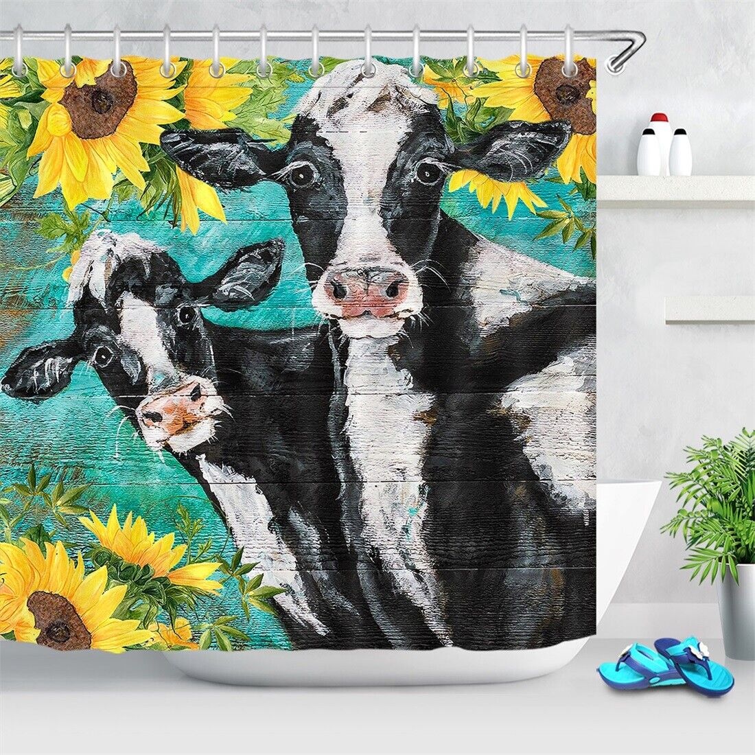 Sunflower Cow Shower Curtain - Rustic Wood Board Retro Bathroom Decor - Image 2