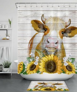 Sunflower Daisy Farm Cow Funny Shower Curtain - Cute Bathroom Decor