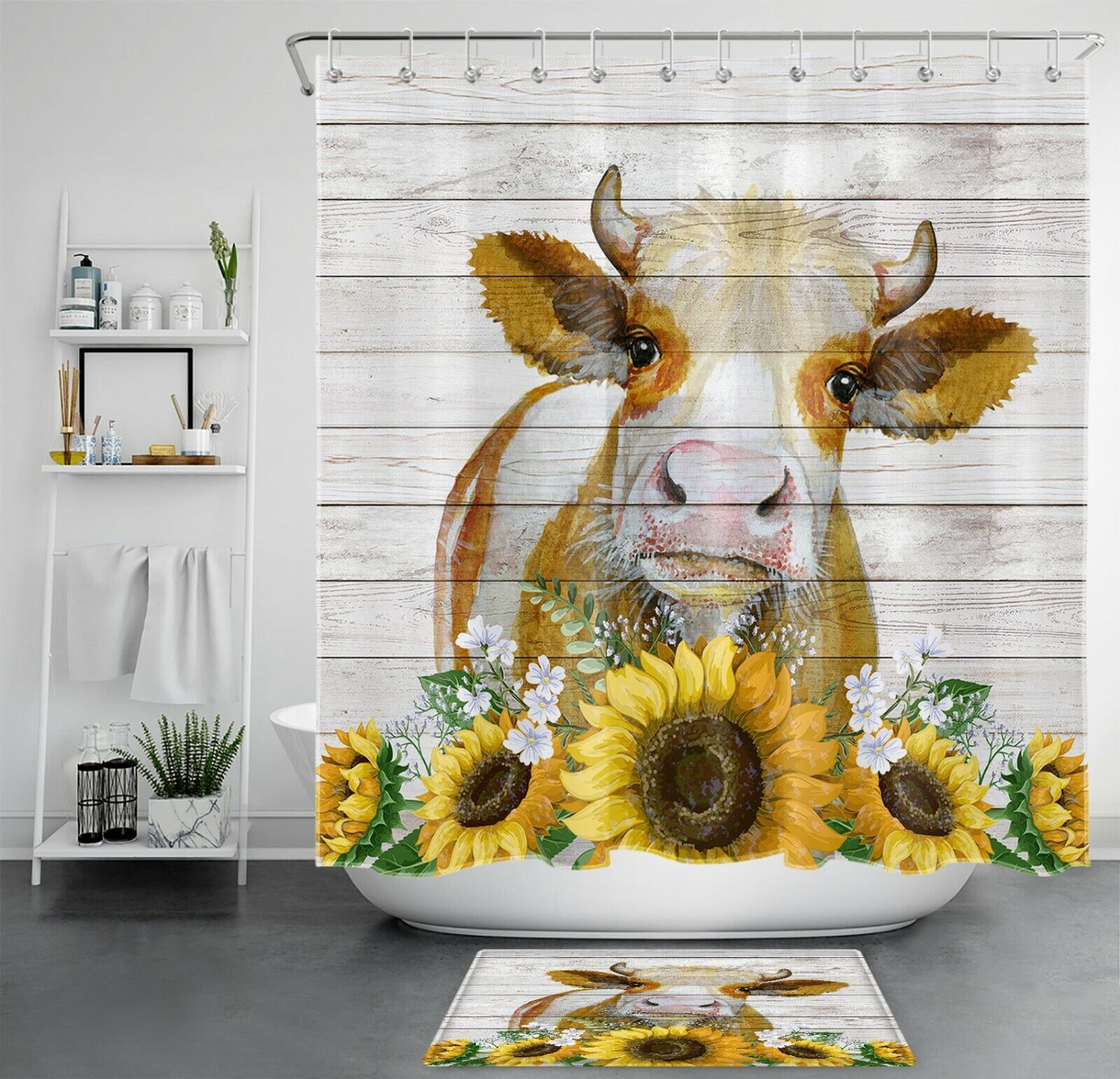 Sunflower Daisy Farm Cow Funny Shower Curtain - Cute Bathroom Decor