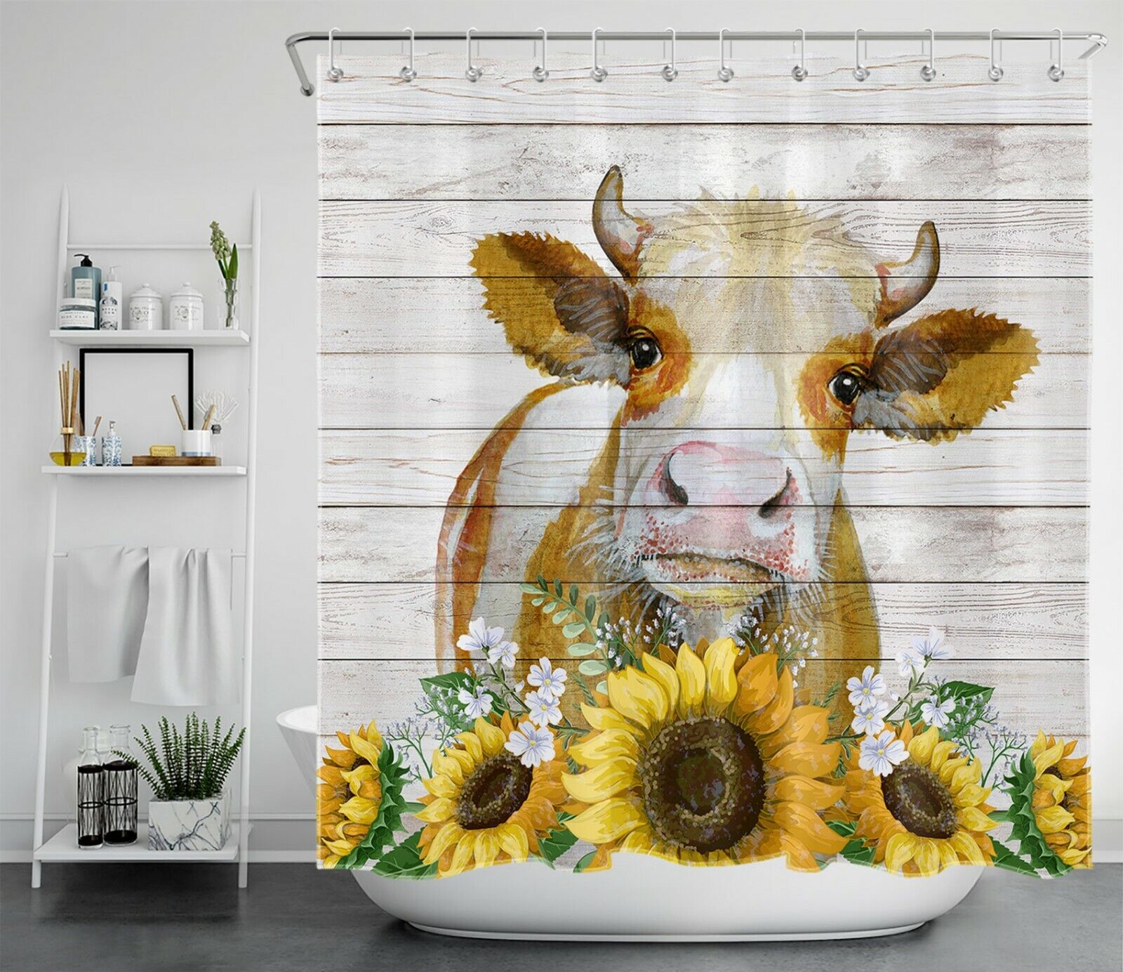 Sunflower Daisy Farm Cow Funny Shower Curtain - Cute Bathroom Decor