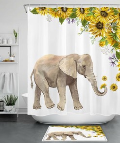 Sunflower Elephant Shower Curtain, Unique Vintage Bathroom Decor