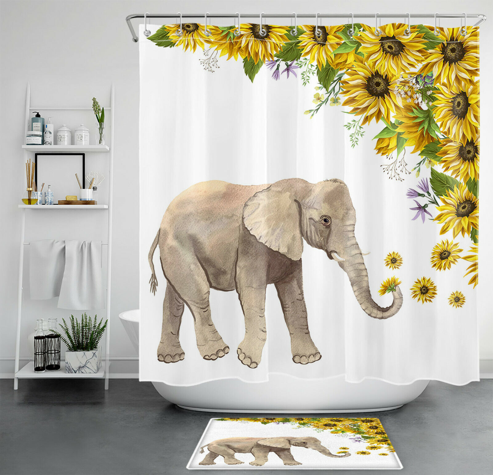 Sunflower Elephant Shower Curtain, Unique Vintage Bathroom Decor