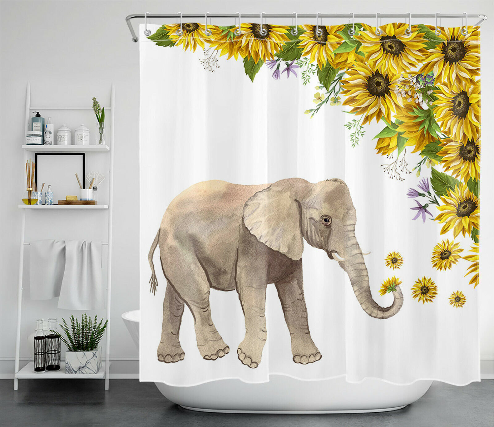 Sunflower Elephant Shower Curtain, Unique Vintage Bathroom Decor