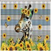 Sunflower Farmhouse Giraffe Print Shower Curtain, Waterproof Fabric Bathroom Decor, Animal Watercolor Curtain 