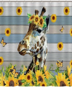 Sunflower Farmhouse Giraffe Print Shower Curtain, Waterproof Fabric Bathroom Decor, Animal Watercolor Curtain 