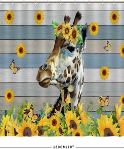 Sunflower Farmhouse Giraffe Print Shower Curtain, Waterproof Fabric Bathroom Decor, Animal Watercolor Curtain