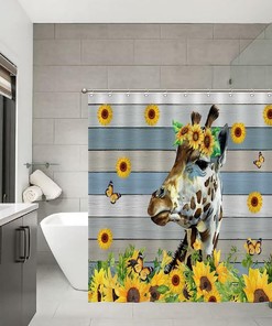 Sunflower Farmhouse Giraffe Print Shower Curtain, Waterproof Fabric Bathroom Decor, Animal Watercolor Curtain 