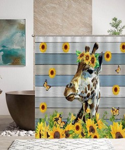 Sunflower Farmhouse Giraffe Print Shower Curtain, Waterproof Fabric Bathroom Decor, Animal Watercolor Curtain 