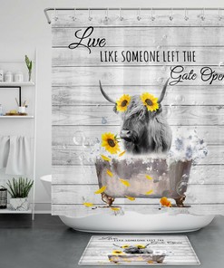 Sunflower Farmhouse Highland Cow Shower Curtain Funny Bathroom Accessory