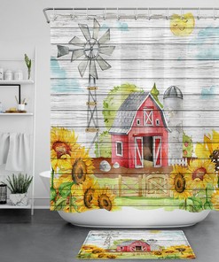 Sunflower Farmhouse Rustic Wood Barn Bathroom Shower Curtain with Hooks