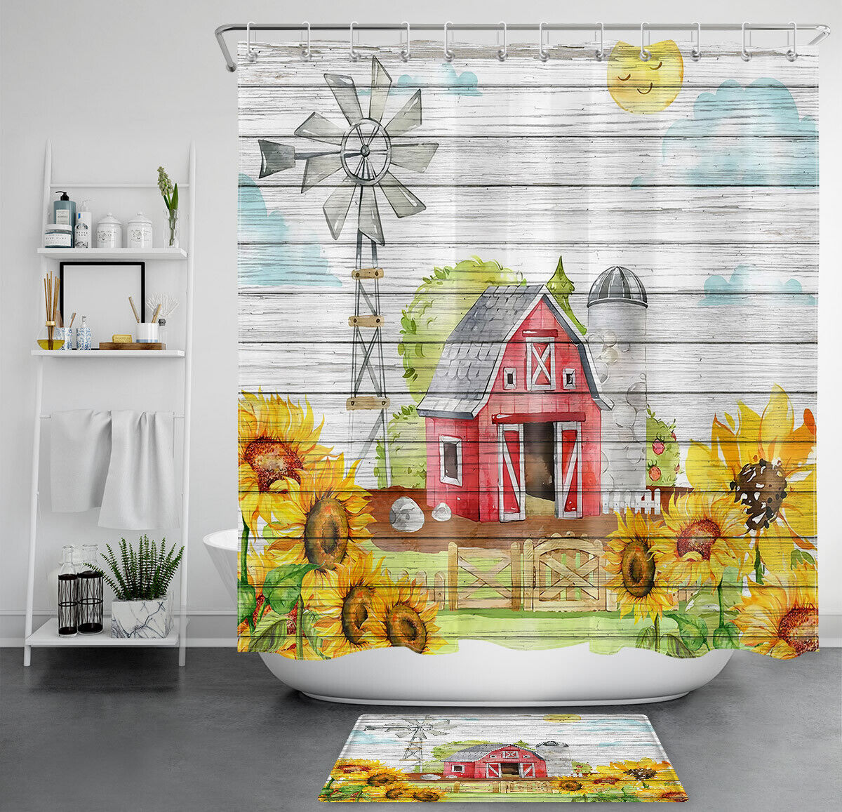 Sunflower Farmhouse Rustic Wood Barn Bathroom Shower Curtain with Hooks