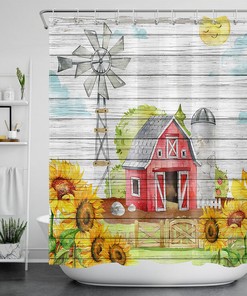Sunflower Farmhouse Rustic Wood Barn Bathroom Shower Curtain with Hooks